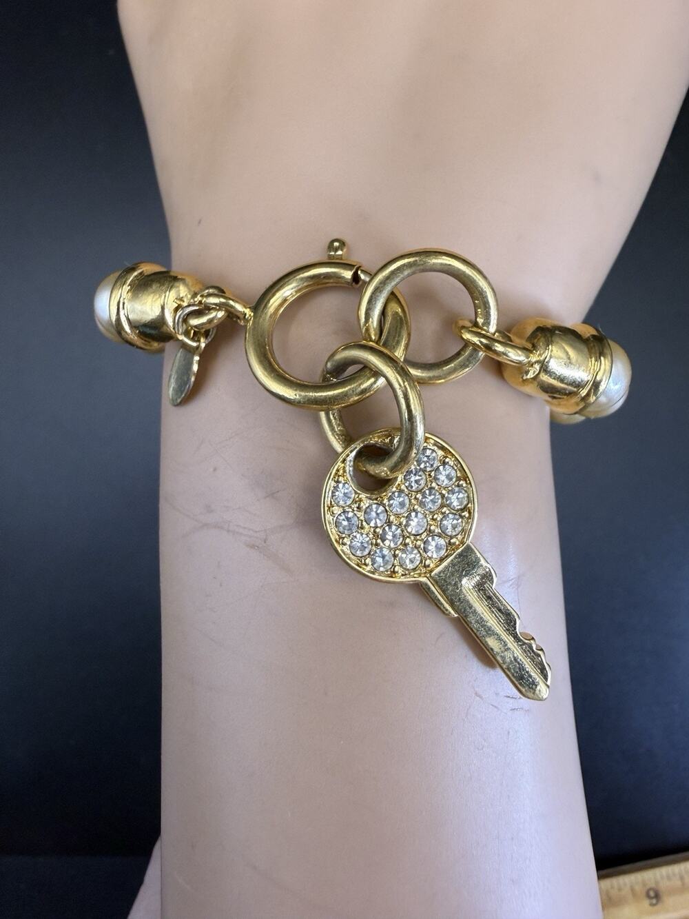 Vintage Joan Rivers Gold Tone Faux Pearl Key Charm Crystal Accent Bracelet
